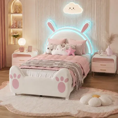 Produktbild von INONEFT Kinderbett polsterbett 90x200cm mit LED RGB, einzelbett jugendbett mit lattenrost, samt rosa, hasenform, Prinzessin mädchenbett, funktionsbett, KI-generiertes Bild