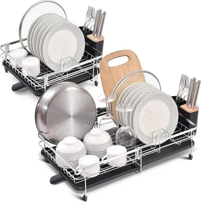Image de Égouttoir flexible - Réglable - Acier inoxydable 304 - Ne se plie pas - Avec porte-couverts amovible - Bec verseur pivotant - Antirouille - Étagère de cuisine - 1 pièce