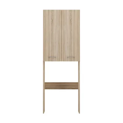 A tall, narrow cabinet with two doors at the top and an open shelf below, presented against a white background.