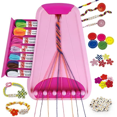 Image de Kit de fabrication de bracelets d'amitié pour filles | Cadre de tissage, 28 fils, 100 perles | Rose | 6-12 ans