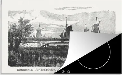 Produktbild von KitchenYeah© Herdabdeckplatte Eine Schwarz-Weiß-Illustration eines Sumpfgebietes in der Nähe von Dordrecht , 91x52cm, Küche Deko, Glaskeramikkochfeld Herdabdeckung, Abdeckplatte fùr Kochfeld