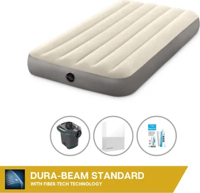 Obrázek produktu pro Nafukovací postel Intex - pro 1 osobu - 99 x 191 x 25 cm - béžová + elektrická pumpa Intex - 650 l/min + bílé prostěradlo + opravná sada