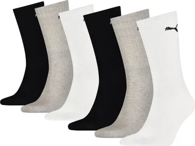 A set of six Puma socks in black, gray, and white.