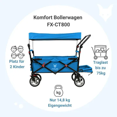 Produktbild von FUXLIFE by FUXTEC Bollerwagen FX-CT800 Komfort faltbar - Türkis | Transportwagen mit Sonnendach |  Innenraumverlängerung Türkis
