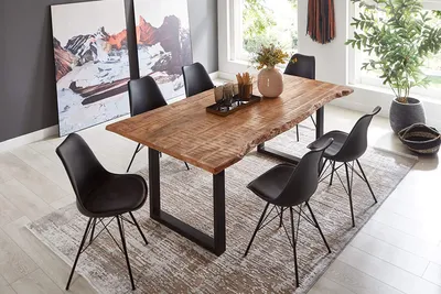 Produktbild von Baumkanten Essgruppe Mangoholz massiv 160 schwarz U-Gestell 7tlg. NORINA