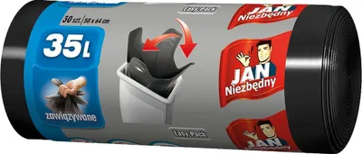 A roll of black trash bags with packaging graphics.