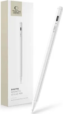 A white digital stylus pen is shown next to its packaging box.