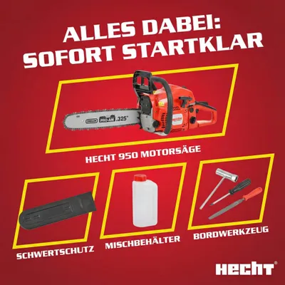 Produktbild von Kettensäge Motorsäge Benzin HECHT 950  | 3 PS / 50 cm³ | 45 cm Schwertlänge | 23 m/s  | 12.000 U/min