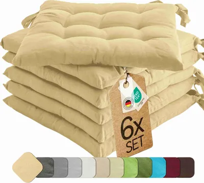 Produktbild von Sitzkissen Stuhlkissen Indoor & Outdoor 6er Set 40x40 cm - Beige - etérea Stuhl Kissen Auflage mit Bändern