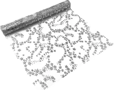 A roll of silver metallic fabric with star patterns, partially unrolled.