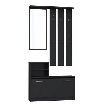 A black entryway furniture set with a mirror, coat hooks, and a shoe cabinet.