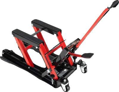 Immagine prodotto di Piattaforma elevatrice a forbice per motociclette, capacità di carico 680 kg, funzionamento idraulico, colore nero e rosso