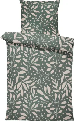 A folded duvet cover and pillowcase set with a green leaf pattern.