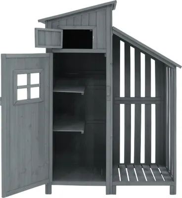 Image de OKWISH Armoire de jardin Maison de jardin 124*46*174 cm, Abri de jardin avec toit en pente et étagère, Armoire à outils en bois pour jardin, Résistant aux intempéries, Toit en PVC, Gris