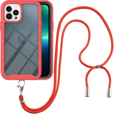 Produktbild von iPhone 13 Pro Max Handykette Hülle, Transparente TPU Bumper Ganzkörper Schutzhülle mit Kordel zum Umhängen Necklace Schlüsselband für iPhone 13 Pro Max Rot