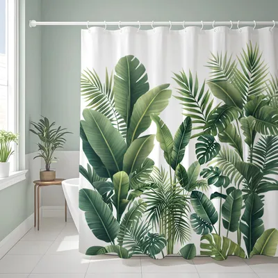 Productafbeelding van Douchegordijn, 200 x 200 cm, met groen bladmotief, schimmelwerend en wasbaar, waterafstotend polyester douchegordijn. Douchegordijn, badkamergordijn met 12 ringen en douchegordijnringen