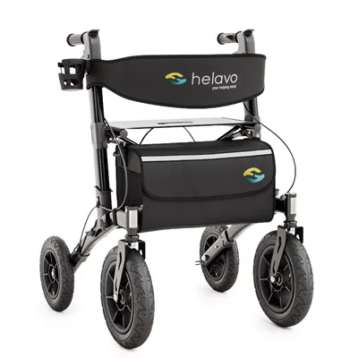 Produktbild von Helavo Outdoor Rollator mit Luftbereifung – Faltbarer Rollator mit Sitz & Rückenlehne für den Außenbereich, Schwarz