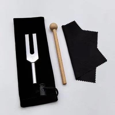 Immagine prodotto di Set di diapason per i chakra - Ideale per la terapia del suono, l'armonia spirituale e l'equilibrio dei chakra - Diapason in argento 2048C + percussore in legno + panno per la pulizia