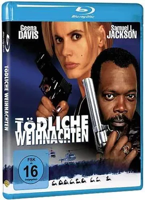 Blu-ray cover art for the movie 'Tödliche Weihnachten' featuring actors Geena Davis and Samuel L. Jackson holding guns.