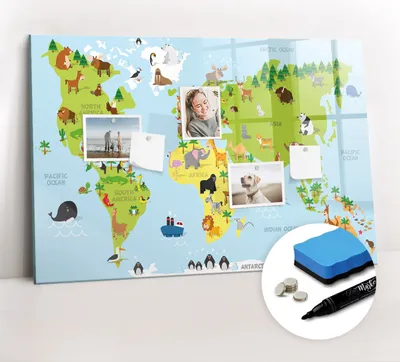 Produktbild von Magnetpinnwand Memoboard - Zubehörsatz - Schwarzer Marker + Schwamm + Magnete - 90 x 60 cm - Weltkarte mit Tieren