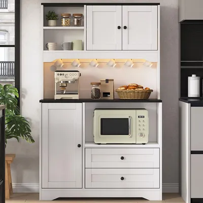 Image de Armoire haute 100x40x163, avec éclairage LED, prises électriques, emplacement pour micro-ondes, étagère à épices, ports USB