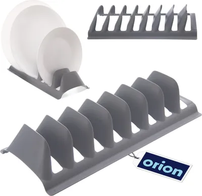 A collage of images showcasing a gray plastic dish rack, with a close-up of plates in one section.