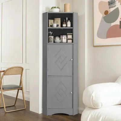 Immagine prodotto di Mobiletto bagno – Mobiletto alto autoportante – 2 scomparti contenitori – Design aperto – Ripiano interno regolabile in altezza – Stretto e alto – Grigio + pannello di particelle