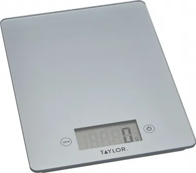 Produktbild von Taylor Pro Digitalwaage de Küche de Ultra schlankes Design, kompakt, professionelles Niveau, Funktion de Gewicht conwith Tare with hohe Genauigkeit, Silber Glas, 5 kg de Kapazität.
