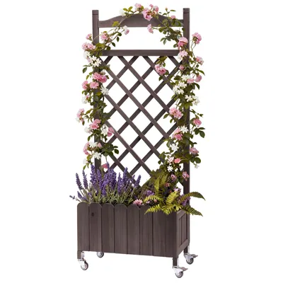 Produktbild von Rankgitter Pflanzkasten mit Rollen, Holz Hochbeet mit Spalier, wetterbeständiger Pflanzenkübel mit Drainagelöchern, mobiler Blumenkasten 49x28x116cm