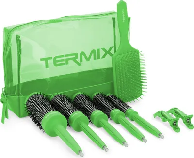 Produktbild von Grünes Haarbürsten-Set mit 5 Profi-Bürsten, Paddelbürste, Ø17-43mm, ruckfrei, ergonomisch, gegen Spliss