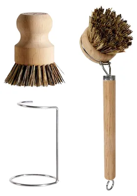 Produktbild von Holz-Spülbürste mit Ersatzbürstenkopf und Abtropfgestell, Küchenbürste mit langem Griff, Naturfaserborsten, Reinigungsbürste für Töpfe, Pfannen, Geschirr, Kochfelder und Spülen