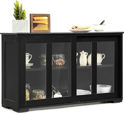 Produktbild von Kredens z przeszklonymi drzwiami, szafka kuchenna z półką o regulowanej wysokości, komoda do kuchni, salonu lub przedpokoju, 106,5 x 33 x 62,5 cm (czarny)