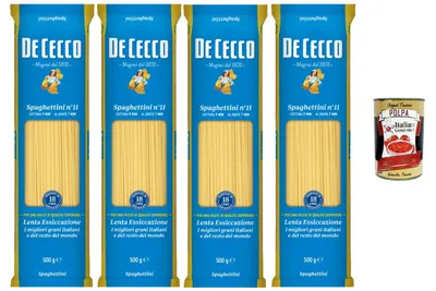 Produktbild von De Cecco Italian Gourmet Bundle 4x De Cecco Spaghettini n°11 500g (2kg) + Italian Gourmet Polpa GRATIS – Dünne Spaghetti Pasta Italienisch, Hartweizengrieß Nudeln für Tomatensauce, leichte Saucen, Vorratspack