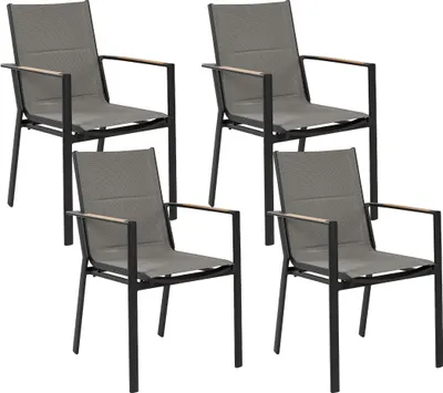 Produktbild von BELIANI Gartenstuhl 4er Set Schwarz Aluminium mit Bespannung Grau Stoff Armlehnen Holzoptik Stapelbar Modern Outdoor Indoor Terrasse Balkon Ausstattung