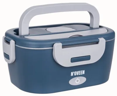 A blue and gray electric lunchbox is shown against a white background.