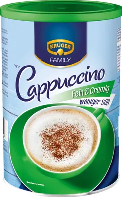 A can of Krüger Cappuccino with a cup of cappuccino in front of it.