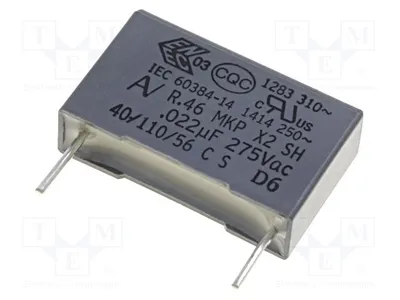 Obrázok produktu pre 1x Kondenzátor: 1,5uF X2, 27,5mm, 32x13x22mm, R46KR415050M1K, kondenzátor X2/Y2, ±10%