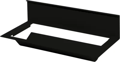 A black metal paper roll holder with an open rectangular slot in the middle and a raised back.