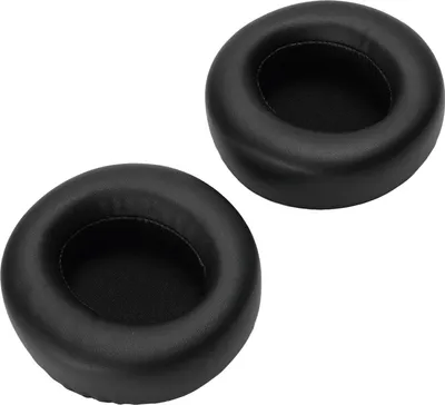 Two black ear pads for headphones are shown against a white background.