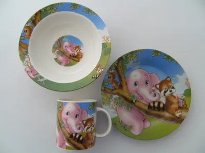 Produktbild von Kindergeschirr Waschbär + Elefant, Tasse Teller Müslischale Tiere Tier Zoo Tassen Frühstückset Geschenk