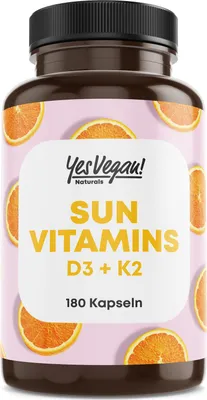 A bottle of Yes Vegan Sun Vitamins D3 + K2 supplements with orange slices as a background pattern.