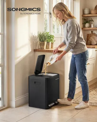 Obrázek produktu pro Odpadkový koš se 2 přihrádkami, odpadkový koš 2 x 15 l, šlapací odpadkový koš s víkem s tichým zavíráním, do kuchyně, s vyjímatelnými vnitřními koši