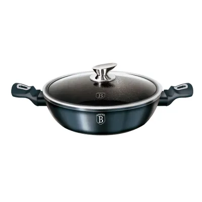 A dark gray wok with a glass lid and silver handles, shown from a front-facing angle on a white background.