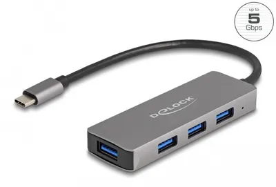 Produktbild von DeLOCK 4 Port USB 5 Gbps Hub mit USB Type-C Anschluss – USB Typ-A Buchsen seitlich, USB 3.2 Gen 1 (3.1 Gen 1) Type-C, USB 3.2 Gen 1 (3.1 Gen 1) Type-A, 5000 Mbit/s, Schwarz, Metall, 0,2 m