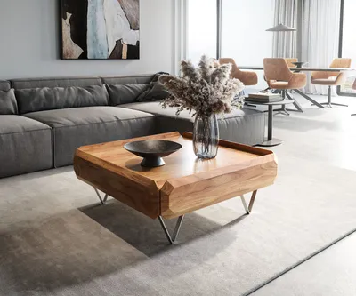 Produktbild von DELIFE Couchtisch Kiano 90x90 cm Akazie Natur 2 Schübe V-Fuß Edelstahl