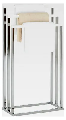 Produktbild von Handtuchhalter EDOARDO, platzsparender Handtuchständer mit 3 Badetuchstangen, verchromtes Metallgestell, Handtuchstangen aus weißer Kiefer