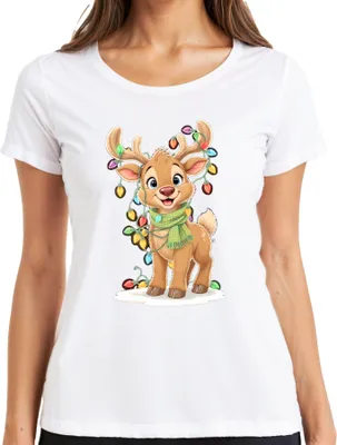Produktbild von Weihnachtsrentier Niedlich Kinder Weihnachten Lichterkette Cartoon Damen T-Shirt, Weiß, S