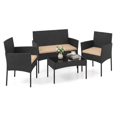 Produktbild von COSTWAY Polyrattan Gartenmöbel Set, Outdoor Gartengarnitur, Sitzgruppe mit 2 Stühlen, Bank, Tisch & Kissen, Terrassenmöbel, Balkonmöbel Khaki