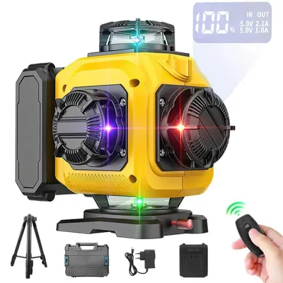 Obrázek produktu pro Linový laser – 4D 16 linií – 4×360° – samonivelační – zelený paprsek – 1 akumulátor, stativ, plastový kufřík – oranžový