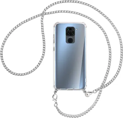 Produktbild von Handykette Backcover-Schutzhülle mit Band (Metall silberfarben) für Xiaomi Redmi Note 9 / 10X 4G - silberfarbene Kette